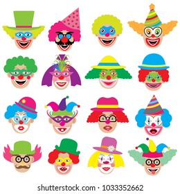 Clowns faces, icons, big set. Vector illustration. 