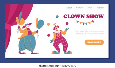 Clowns in funny costumes juggling, circus show advertising web banner, flat vector illustration. Cartoon jester character with balloons and makeup on clown performance landing page.