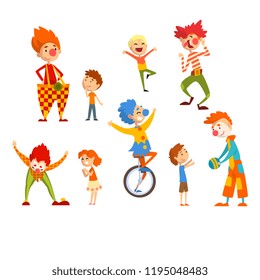 Clowns and happy little kids set, children having fun at birthday, carnival party or circus performance vector Illustration on a white background