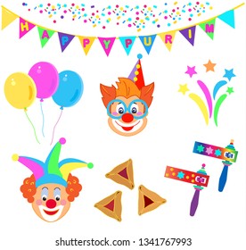 Clowns mask, Happy Purim Festival Jewish Holiday Kids Party poster, modern design, concept, carnival background noisemaker, masque, hamantaschen cookies, star traditional symbols pattern template card