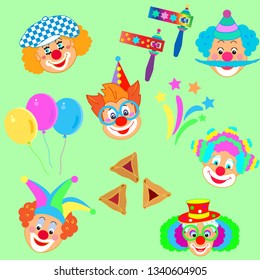 Clowns mask pattern, Happy Purim Festival Jewish Holiday Kids Party, modern design concept carnival background firework, noisemaker, masque, hamantaschen cookies star traditional symbols template card