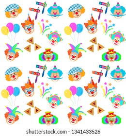 Clowns mask pattern, Happy Purim Festival Jewish Holiday Kids Party, modern design concept carnival background firework, noisemaker, masque, hamantaschen cookies star traditional symbols template card