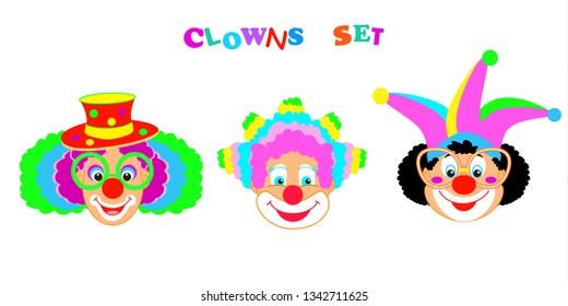 Clowns mask set, Happy Birthday Festival Holiday Kids Party poster, modern design icon concept, carnival background cute cartoon characters sign, funny masque clown red nose symbols pattern template 