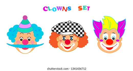 Clowns mask set, Happy Festival Birthday Holiday Kids Party poster, modern design icon concept, carnival background cute cartoon characters sign funny masque clown symbols pattern template invite card