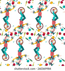 Clowns on unicycle juggling with balls and pins. Seamless background pattern. Vector illustration