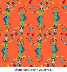 Clowns on unicycle juggling with balls and pins. Seamless background pattern. Vector illustration