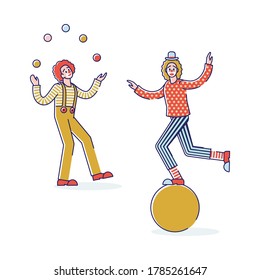 Clowns performing juggling and balancing on ball. Funny circus artists in costumes and red wigs entertaining isolated on white background. Cartoon linear vector illustration