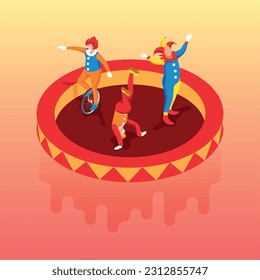 Clowns performing on circus stage riding unicycle isometric 3d vector illustration