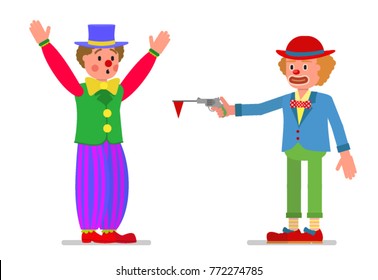 Clowns play the show. Vector illustration, a flat style design. Isolated on a white background.
