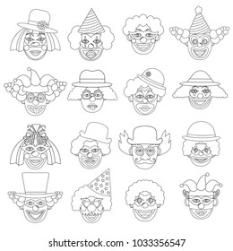 Clowns set, icons. Coloring page. Vector illustration.