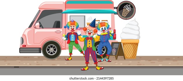 Clowns standing in front of icecream truck illustration