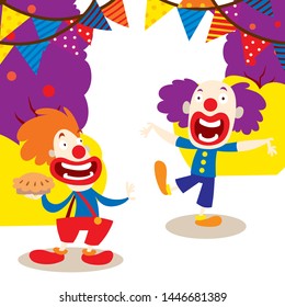 Clowns for your party banner vector illustration. Funny characters and different circus accessories. Cartoon clown holding pie, comedian and jester performance in costume.