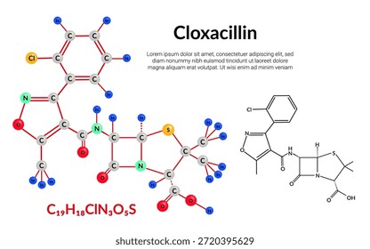 Cloxacillin, antibiotic, molecular structure formula, ball-and-stick model, suitable for education or chemistry science content. Vector illustration