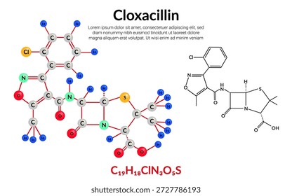 Cloxacillin, Antibiotikum, Molekularstruktur Formel, Ball-und-Stick-Modell, geeignet für Bildung oder Chemie wissenschaftlichen Inhalten. Vektorgrafik