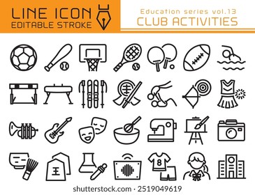 Club activities vector icon set. Editable line stroke.