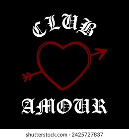 CLUB AMOUR, red heart arrow, Amour French is Love, Graphic design print t-shirts fashion, illustration, vector, posters, cards, stickers, mug