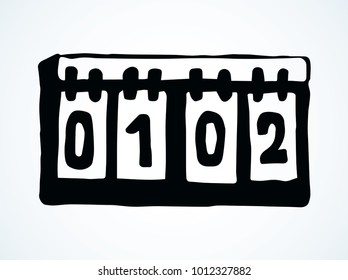 Club arena referee hour timer bulletin screen panel on white backdrop. Dark black ink hand drawn player timetable pictogram logo emblem in art retro engraving print silhouette style and space for text