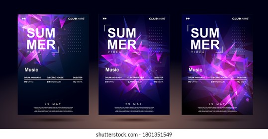 Club banner design. Music poster templates for bass electronic music. Night sound event. Shining geometric shapes chaotically arranged. Sound explosion.