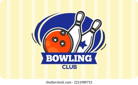 Club for bowling players and lovers, business card logotype or banner for promotion. Ball and skittles, entertainment and rest, having fun. Hobbies and sports activities. Vector in flat style