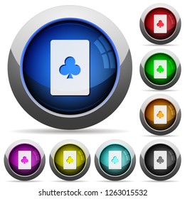 Club card symbol icons in round glossy buttons with steel frames