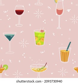 Club cocktails drinking night out vector seamless pattern, bar refreshment illustration, event celebration