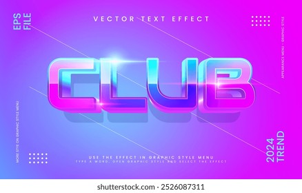 Efeito de texto vetorial editável do clube, com conceito de tecnologia de luz brilhante