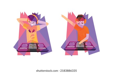 Club Disc Jockey or DJ Playing Recorded Music at Console Mixer and Mixing Sound with Turntable Vector Set