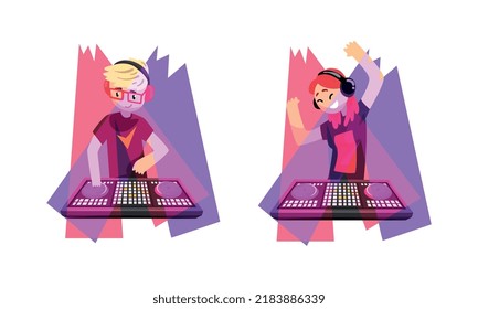 Club Disc Jockey or DJ Playing Recorded Music at Console Mixer and Mixing Sound with Turntable Vector Set