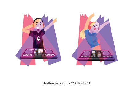 Club Disc Jockey or DJ Playing Recorded Music at Console Mixer and Mixing Sound with Turntable Vector Set