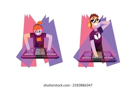 Club Disc Jockey or DJ Playing Recorded Music at Console Mixer and Mixing Sound with Turntable Vector Set