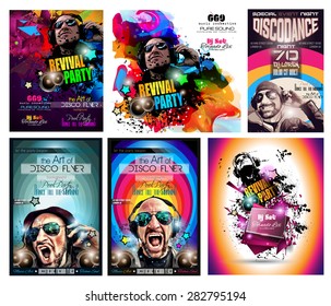 Club Disco Flyer Set with DJ shape and Colorful Scalable backgrounds. A lot of diffente style flyer for your techno, hip hop, electro or metal  music event Posters and advertising printed material.