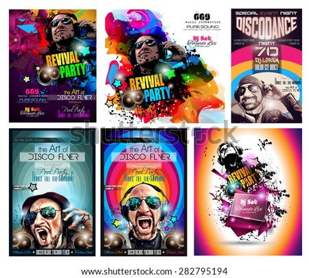 Club Disco Flyer Set with DJ shape and Colorful Scalable backgrounds. A lot of diffente style flyer for your techno, hip hop, electro or metal  music event Posters and advertising printed material.