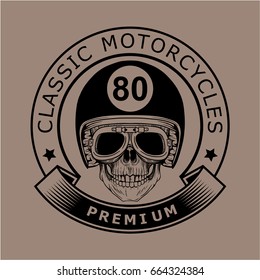 Club Eighty Classic Motorcycle. Set of biker skulls with goggles and helmets on brown background. Design elements for logo, label, emblem, sign, poster, t-shirt. Vector illustration