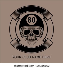 Club Eighty Classic Motorcycle. Set of biker skulls with goggles and helmets on brown background. Design elements for logo, label, emblem, sign, poster, t-shirt. Vector illustration