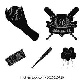 Club emblem, bat, ball in hand, ticket to match. Baseball set collection icons in black style vector symbol stock illustration web.