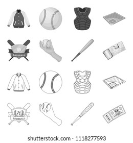 Club emblem, bat, ball in hand, ticket to match. Baseball set collection icons in outline,monochrome style vector symbol stock illustration web.