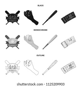 Club emblem, bat, ball in hand, ticket to match. Baseball set collection icons in black, monochrome, outline style vector symbol stock illustration web.