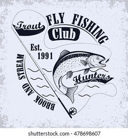 club emblem, Spinning for fly fishing and jumping trout, grunge monochrome  print,  vintage label, graphic design,vector