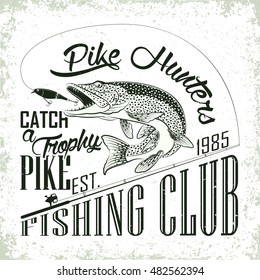 club emblem, Spinning for fly fishing and jumping pike, grunge monochrome  print,  vintage label, graphic design,vector