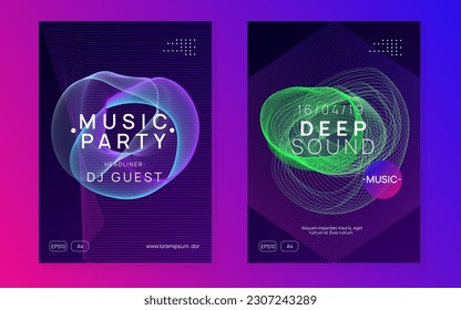 Club flyer. Cool discotheque brochure set. Dynamic fluid shape and line. Neon club flyer. Electro dance music. Trance party dj. Electronic sound fest. Techno event poster.