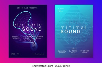 Club flyer. Creative concert invitation set. Dynamic fluid shape and line. Neon club flyer. Electro dance music. Trance party dj. Electronic sound fest. Techno event poster.