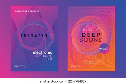 Club flyer. Curvy concert magazine set. Dynamic fluid shape and line. Neon club flyer. Electro dance music. Trance party dj. Electronic sound fest. Techno event poster.