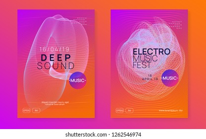 Club flyer. Curvy discotheque invitation set. Dynamic gradient shape and line. Neon club flyer. Electro dance music. Trance party dj. Electronic sound fest. Techno event poster.