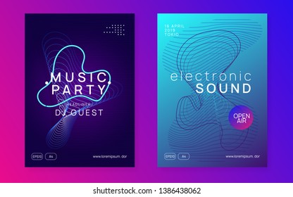 Club flyer. Dynamic fluid shape and line. Wavy discotheque brochure set. Neon club flyer. Electro dance music. Trance party dj. Electronic sound fest. Techno event poster.