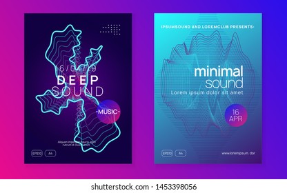 Club flyer. Dynamic fluid shape and line. Wavy discotheque banner set. Neon club flyer. Electro dance music. Trance party dj. Electronic sound fest. Techno event poster.