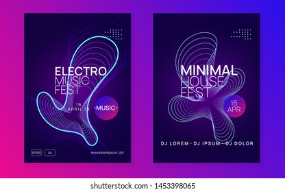 Club flyer. Dynamic fluid shape and line. Bright concert invitation set. Neon club flyer. Electro dance music. Trance party dj. Electronic sound fest. Techno event poster.