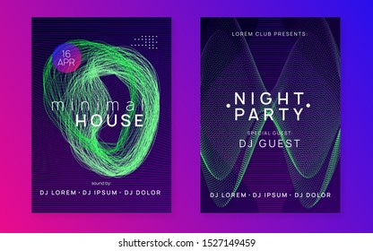 Club flyer. Dynamic fluid shape and line. Cool concert invitation set. Neon club flyer. Electro dance music. Trance party dj. Electronic sound fest. Techno event poster.