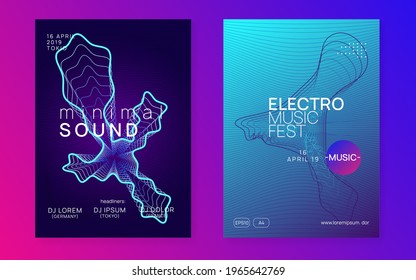 Club flyer. Dynamic fluid shape and line. Creative concert banner set. Neon club flyer. Electro dance music. Trance party dj. Electronic sound fest. Techno event poster.