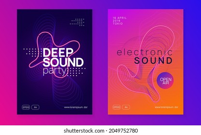 Club flyer. Dynamic fluid shape and line. Geometric concert invitation set. Neon club flyer. Electro dance music. Trance party dj. Electronic sound fest. Techno event poster.