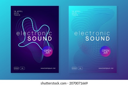 Club flyer. Dynamic fluid shape and line. Wavy discotheque invitation set. Neon club flyer. Electro dance music. Trance party dj. Electronic sound fest. Techno event poster.